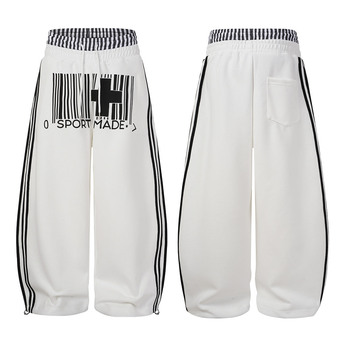 Wide-Leg Sweatpants with Barcode Cross Print & Double Waistband