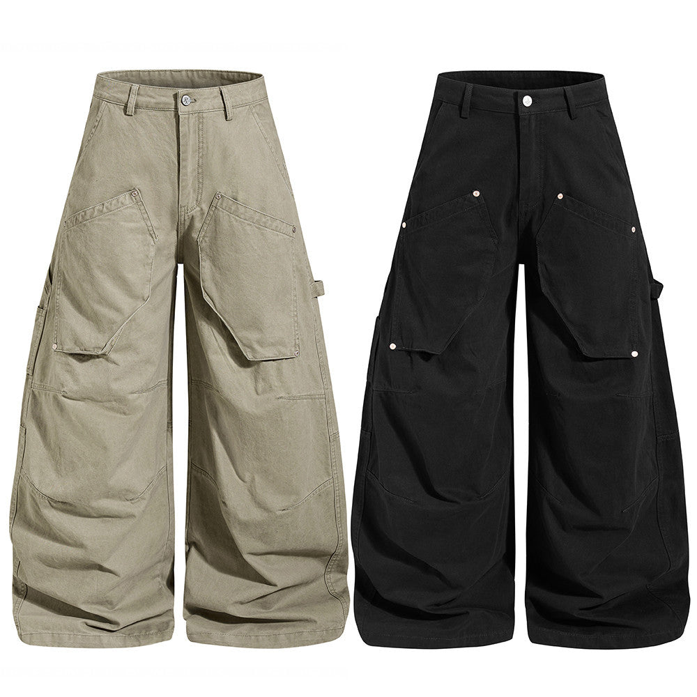 Men's wide-leg loose fit cargo pants with multi-pocket design in khaki and black, arc hem streetwear trousers
