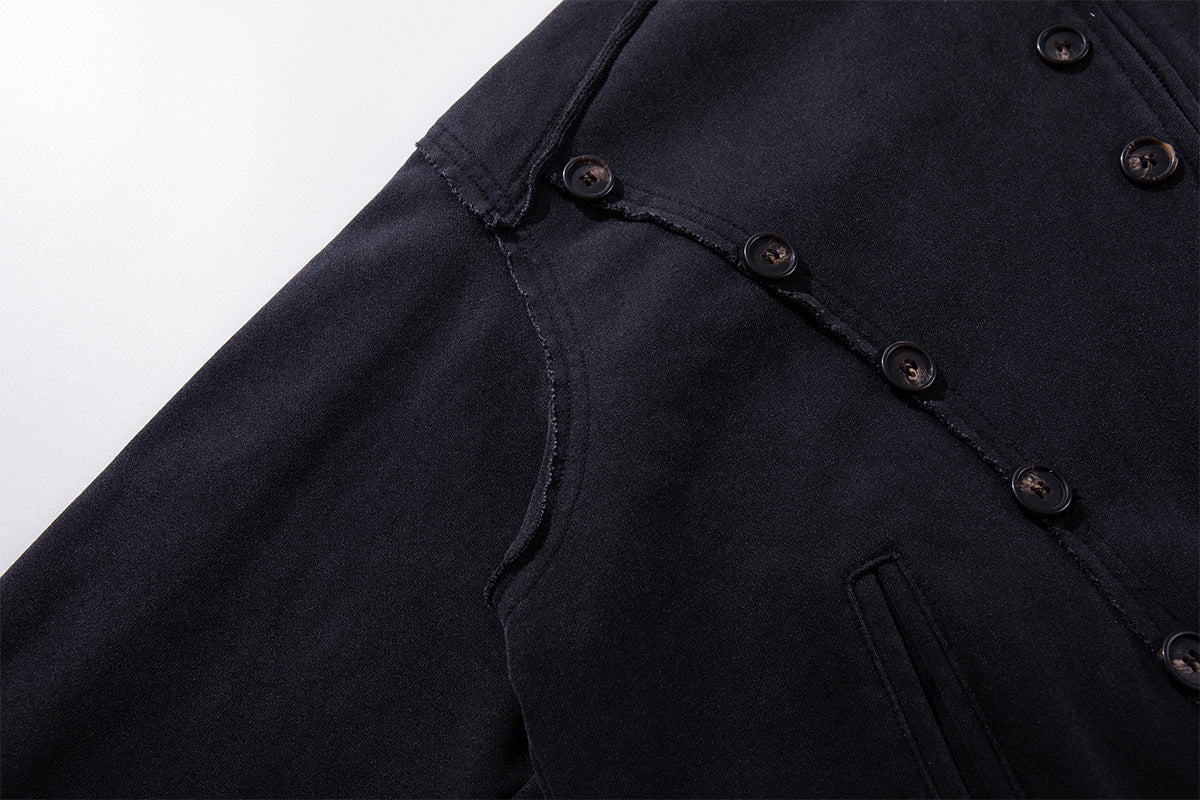 Schwerer Zip-Hoodie – Verwaschenes Schwarz, Streetwear-Design mit mehreren Knöpfen