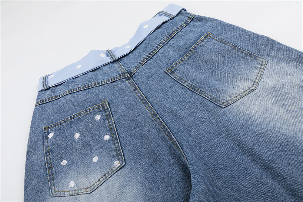 I Love RUNTENG Letter Print Wide-Leg Denim Shorts with Polka Dot Tie Detail
