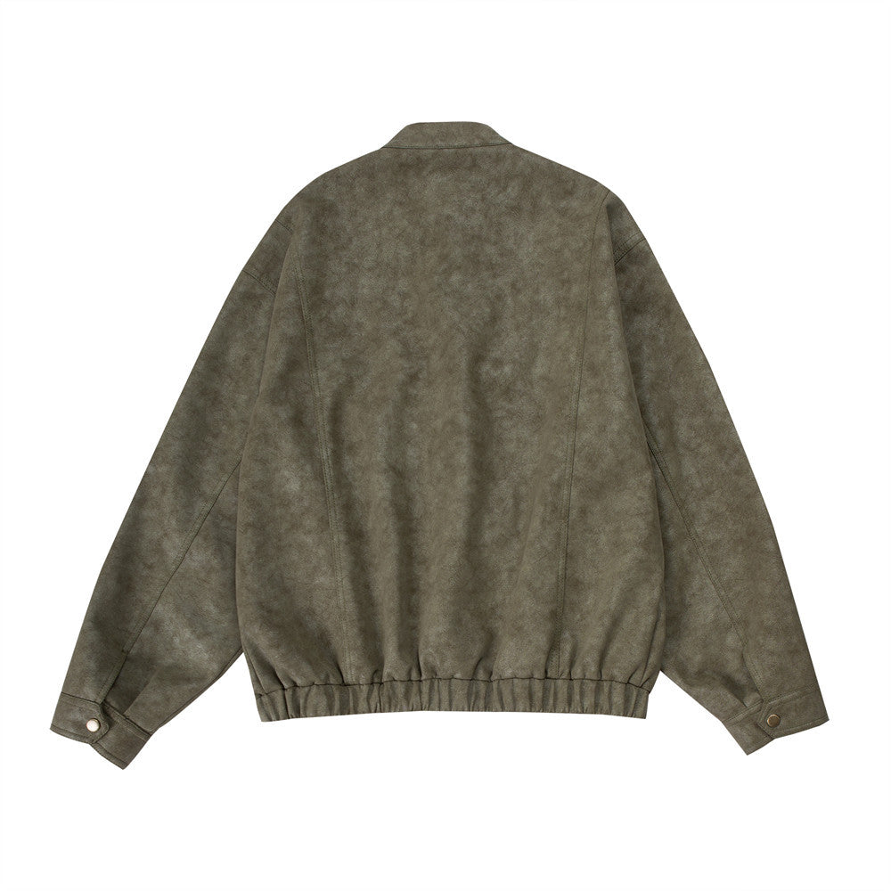 Mens Distressed Leather Jacket Oversized PU Bomber with Stand Collar — Olive