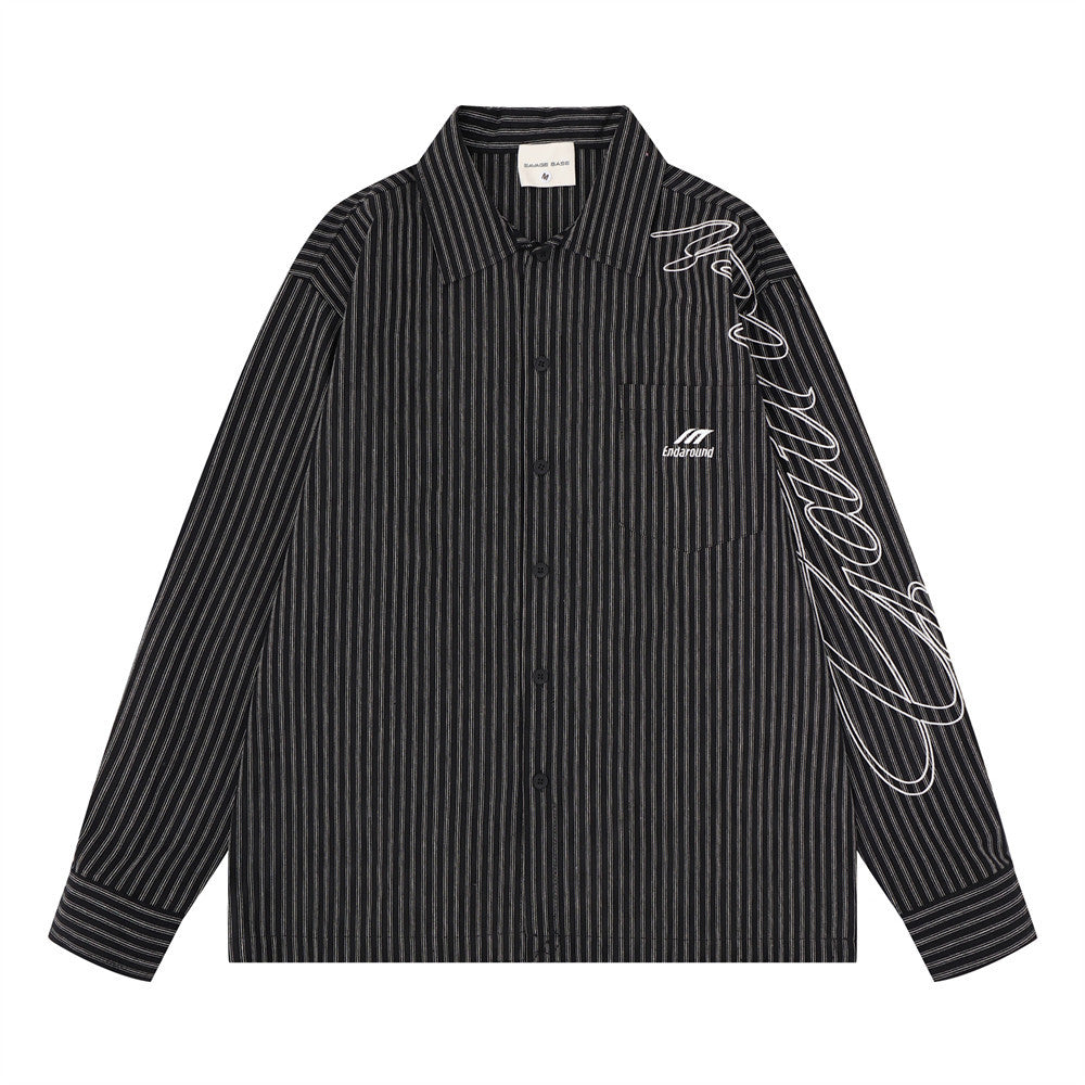 Oversized men's pinstripe long sleeve button-up shirt with script sleeve embroidery in black and red colorways