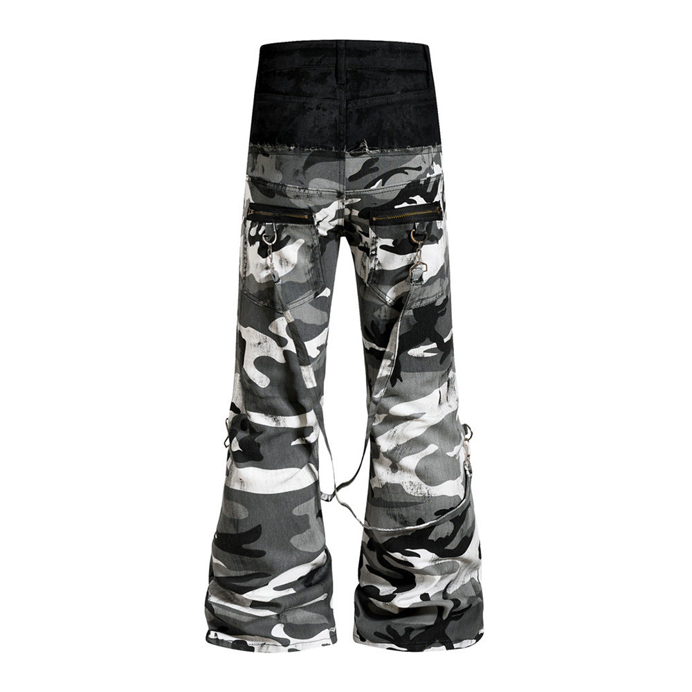Men's Bell Bottom Pants – Colorblock Camo Punk Flare Trousers with Strap Detail