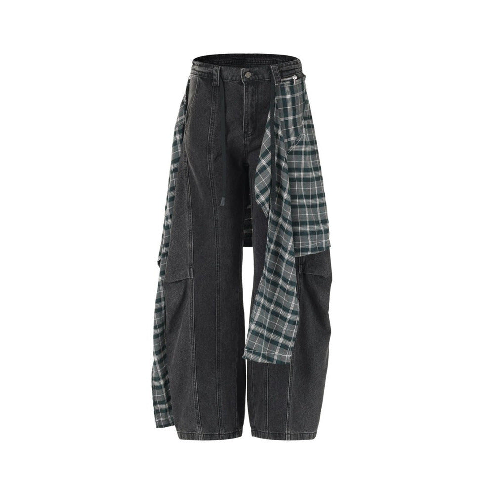 Wide-Leg Jeans with Detachable Plaid Skirt Overlay — Deconstructed Punk