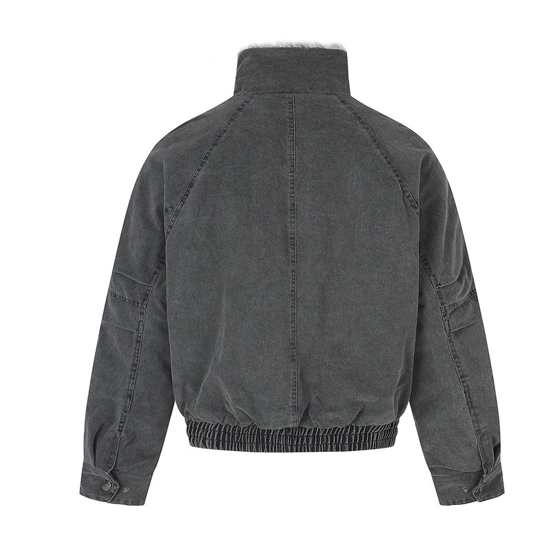 Faux Fur Collar Padded Bomber Jacket – Oversized Cotton Shell