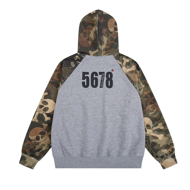 Camo Skull Raglan Hoodie – Colorblock Streetwear Pullover with Graphic Print