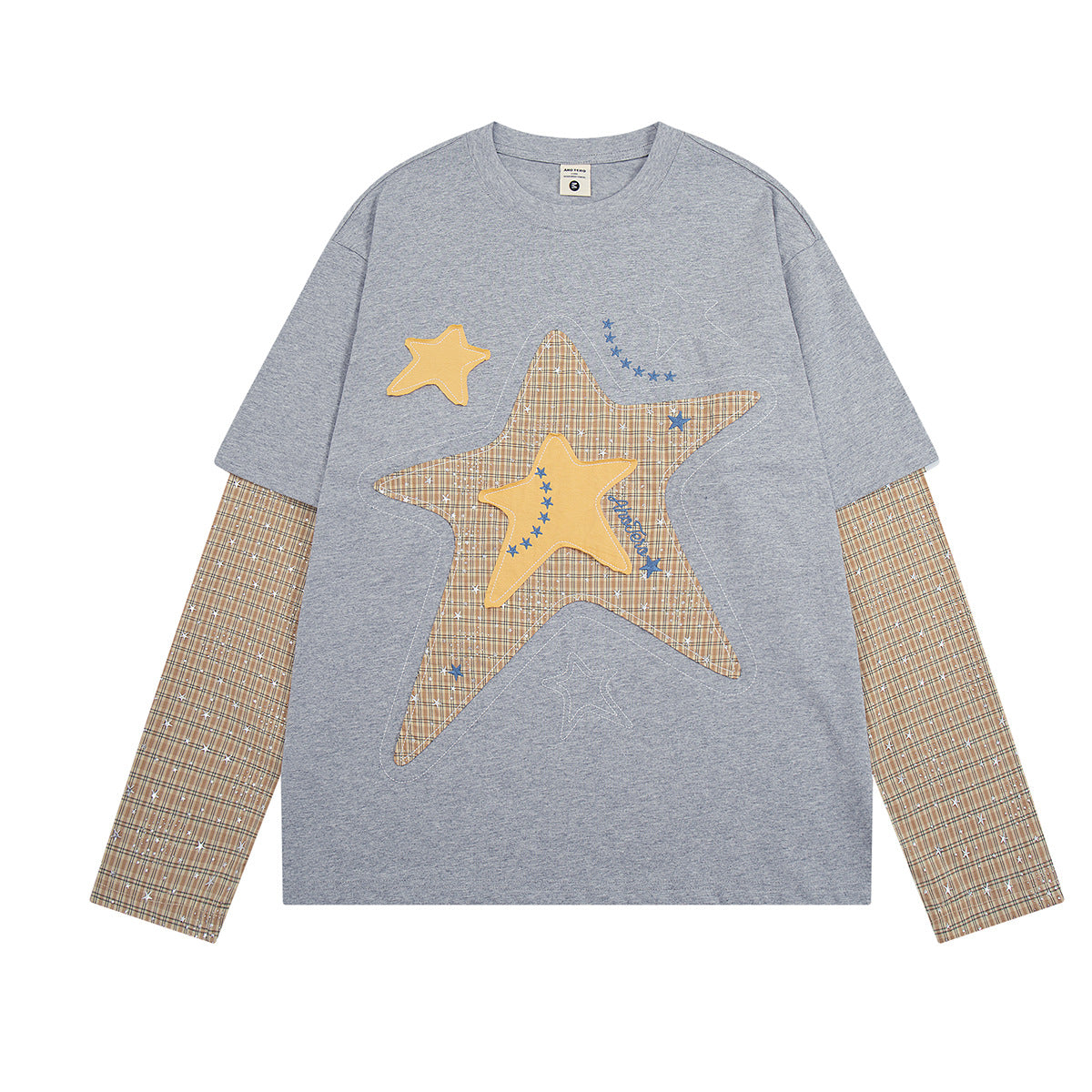 Oversized-Langarmshirt im Layering-Look mit Sternen-Applikation, kontrastierenden Karomusterärmeln und Strassdetails in Grau