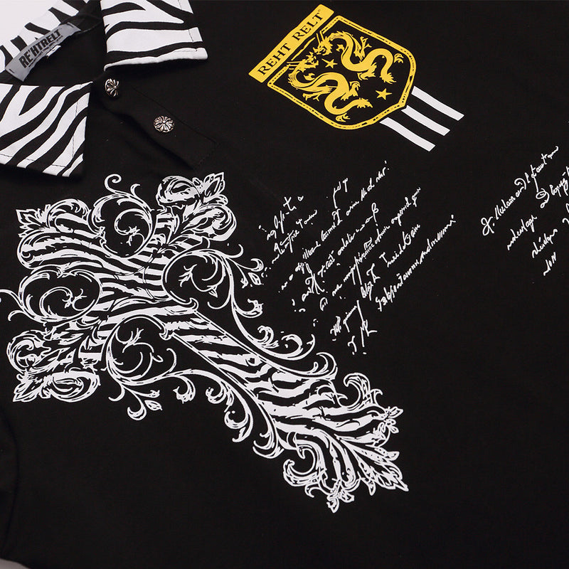 Men's Long Sleeve Polo Shirt with Baroque Cross Print & Zebra Collar