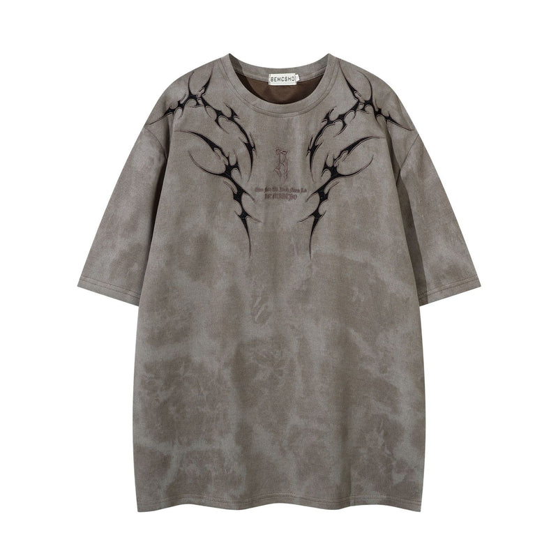Tribal Thorn Graphic Acid Wash Oversized T-Shirt Men