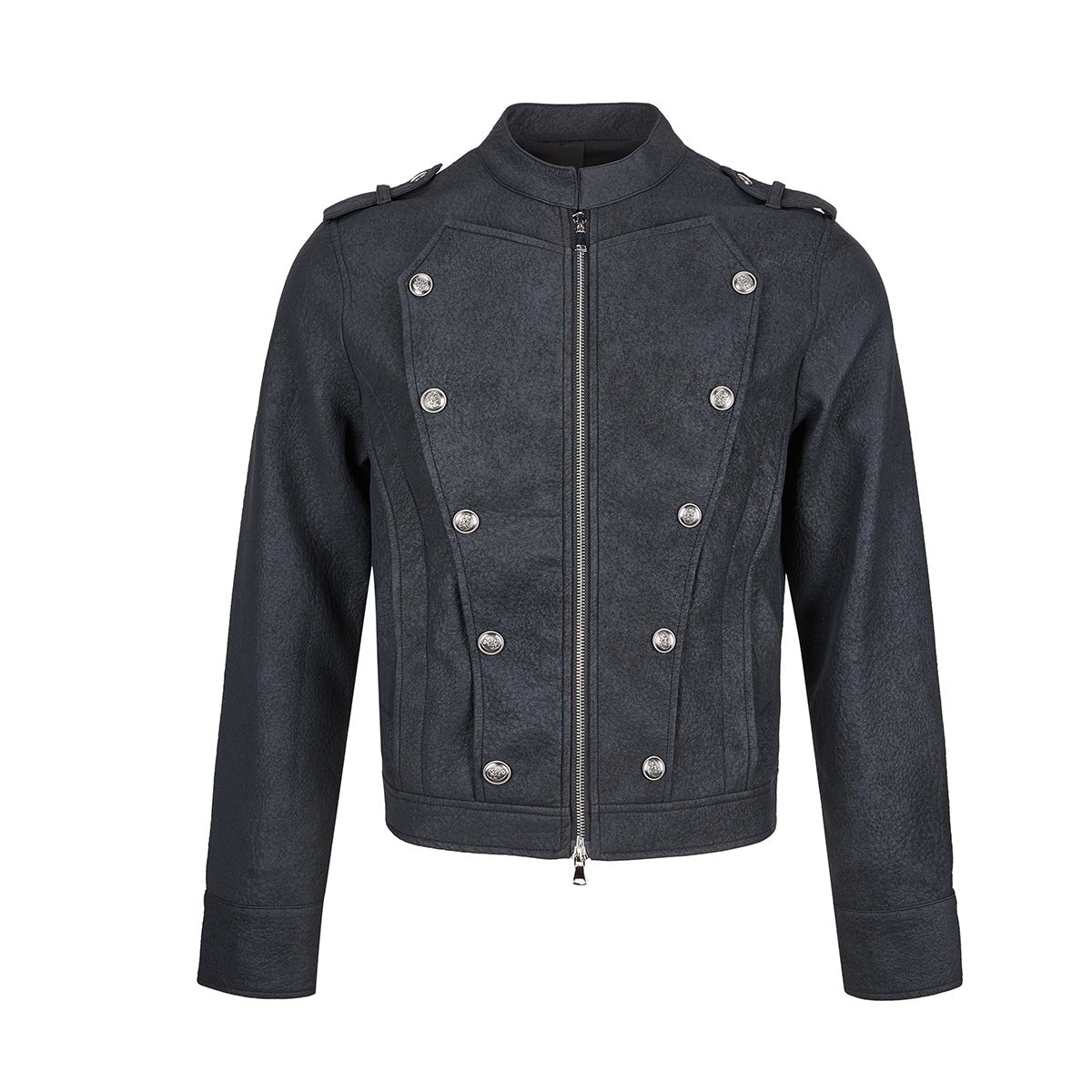 Military-style faux leather cropped jacket with double-breasted silver buttons and zip front in dark navy