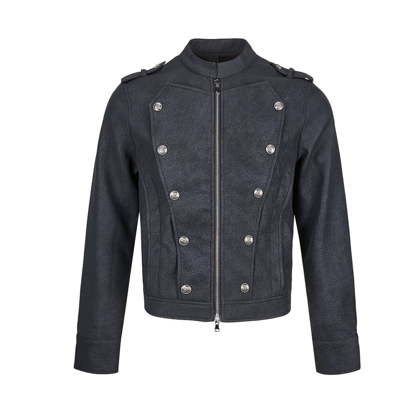 Military-style faux leather cropped jacket with double-breasted silver buttons and zip front in dark navy