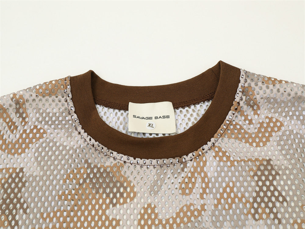 Men's Crew Neck T-Shirt Camo Print Mesh Short Sleeve Oversized Tee