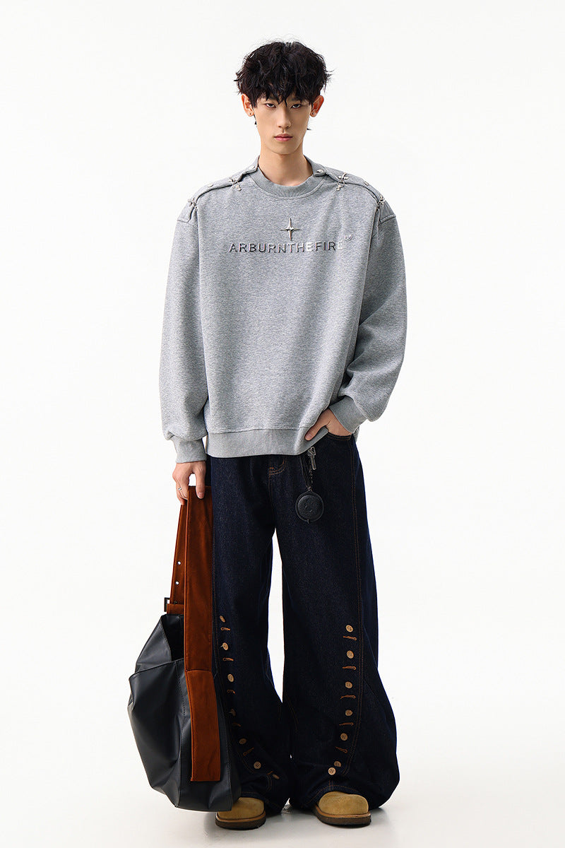 Sweat-shirt punk streetwear à col rond avec anneaux métalliques sur les épaules