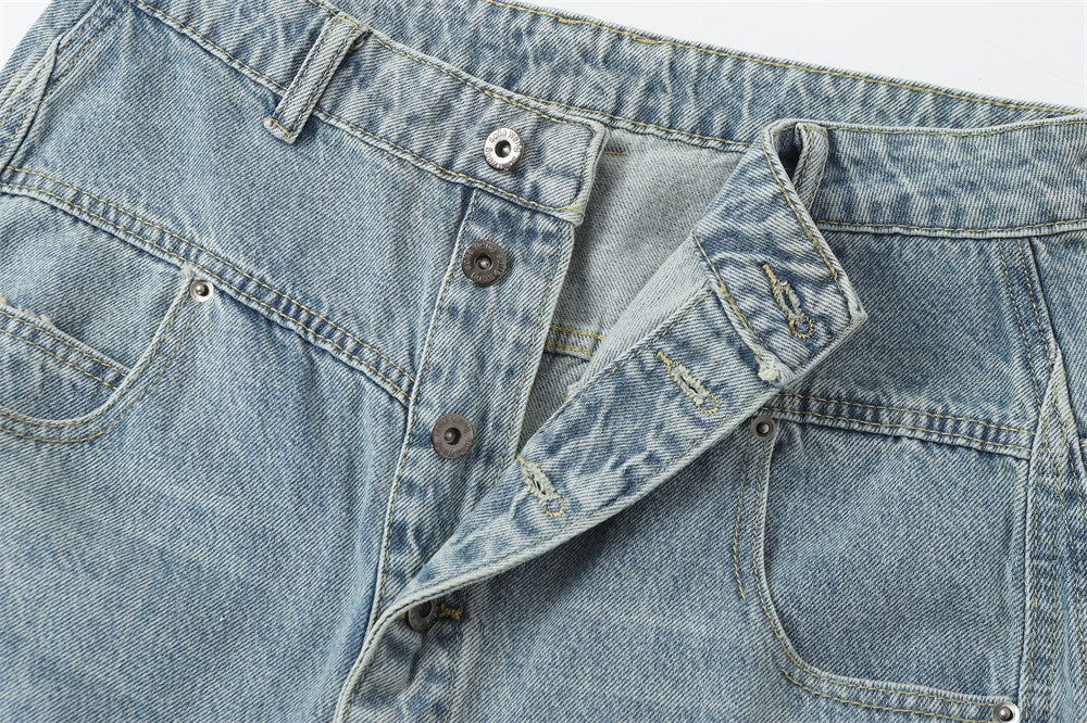Men's Wide Leg Barrel Jeans – Diagonal Button Fly, Vintage Washed Denim