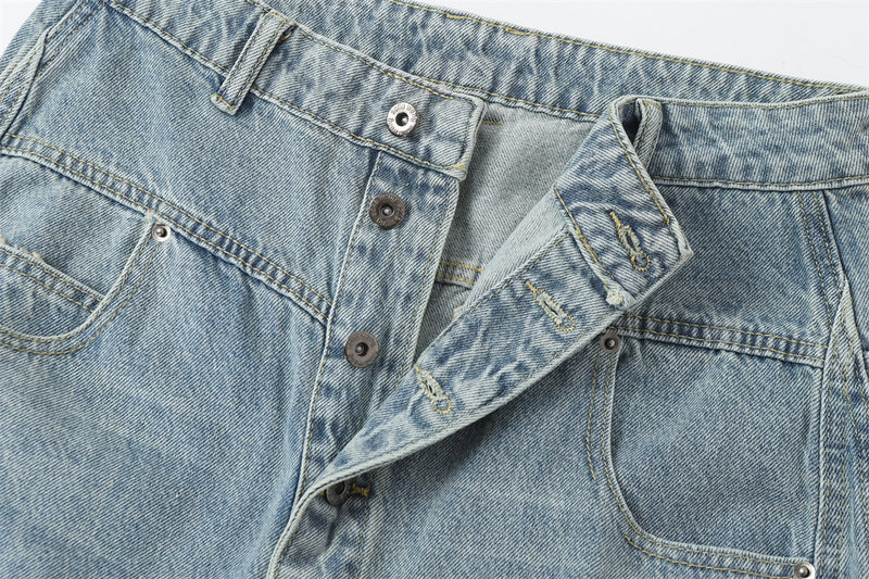 Men's Wide Leg Barrel Jeans – Diagonal Button Fly, Vintage Washed Denim