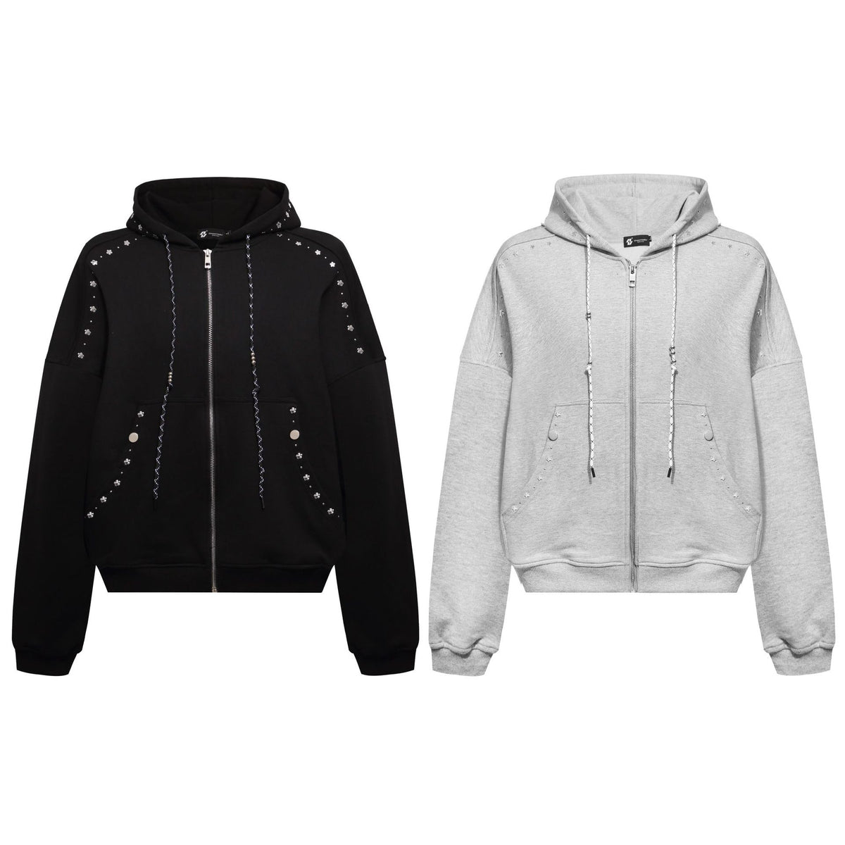 Zip-Up Hoodie with Star Studs & Decorative Drawstring, Oversized Fit