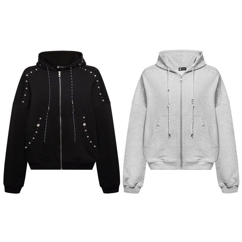 Zip-Up Hoodie with Star Studs & Decorative Drawstring, Oversized Fit