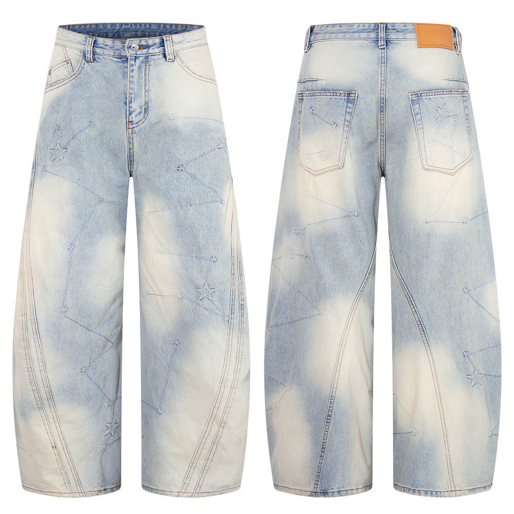 Men's baggy wide-leg jeans in vintage washed light blue denim with star embroidery and constellation stitching, front and bac