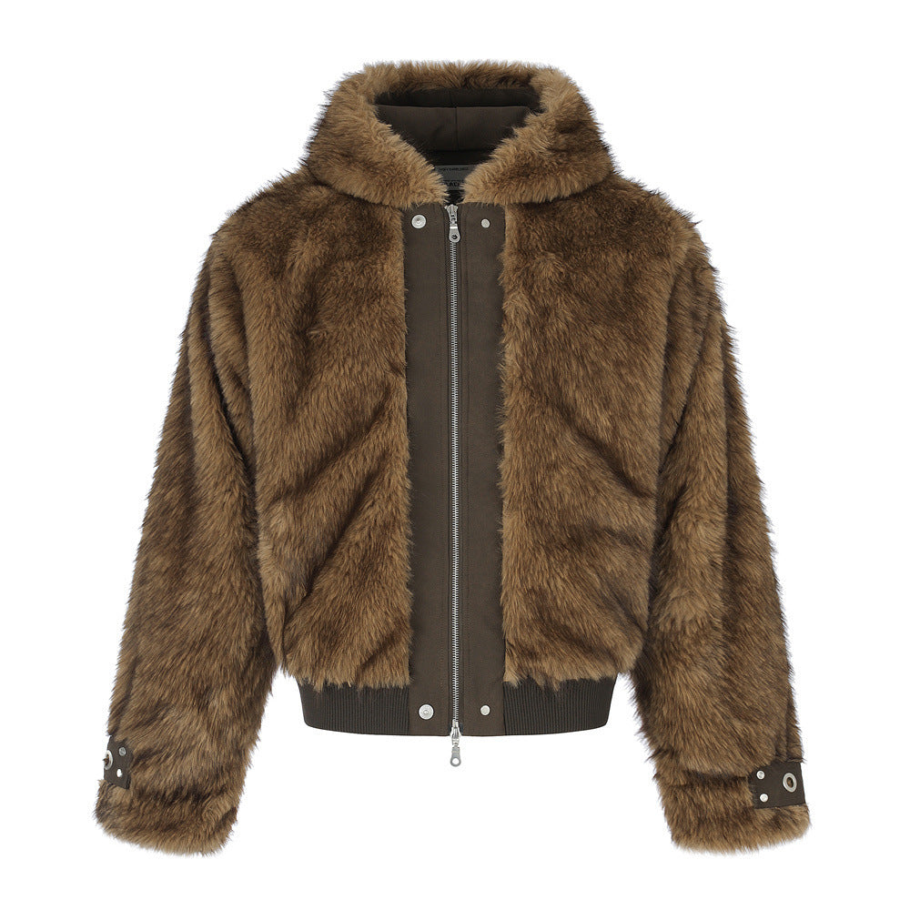 Faux Fur Hooded Bomber Jacket – Brown Short-Cut Zip-Up with PU Leather Trim