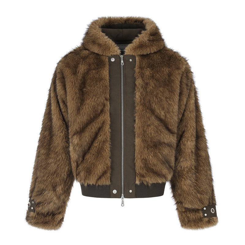 Faux Fur Hooded Bomber Jacket – Brown Short-Cut Zip-Up with PU Leather Trim