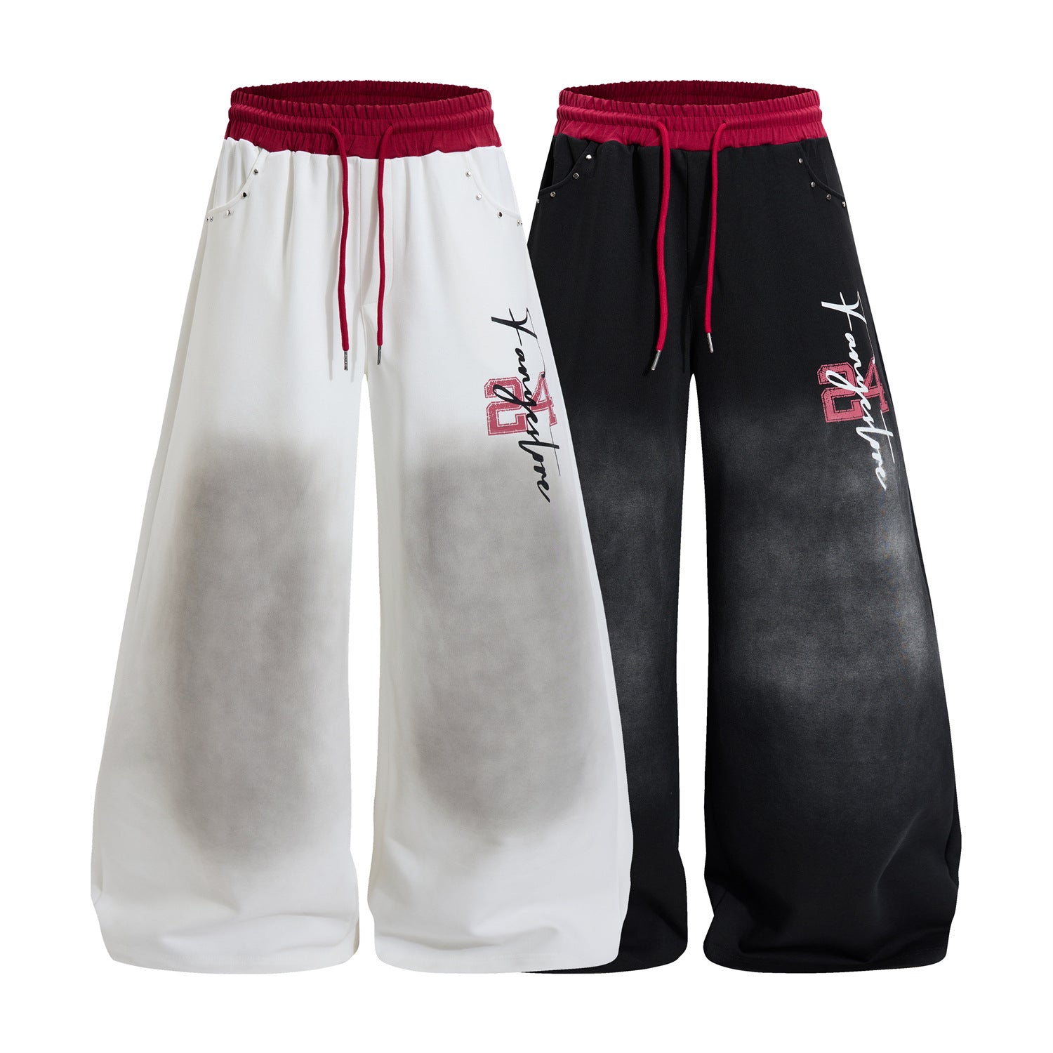 Wide Leg Acid Wash Sweatpants with Contrast Red Waistband & Graphic Print