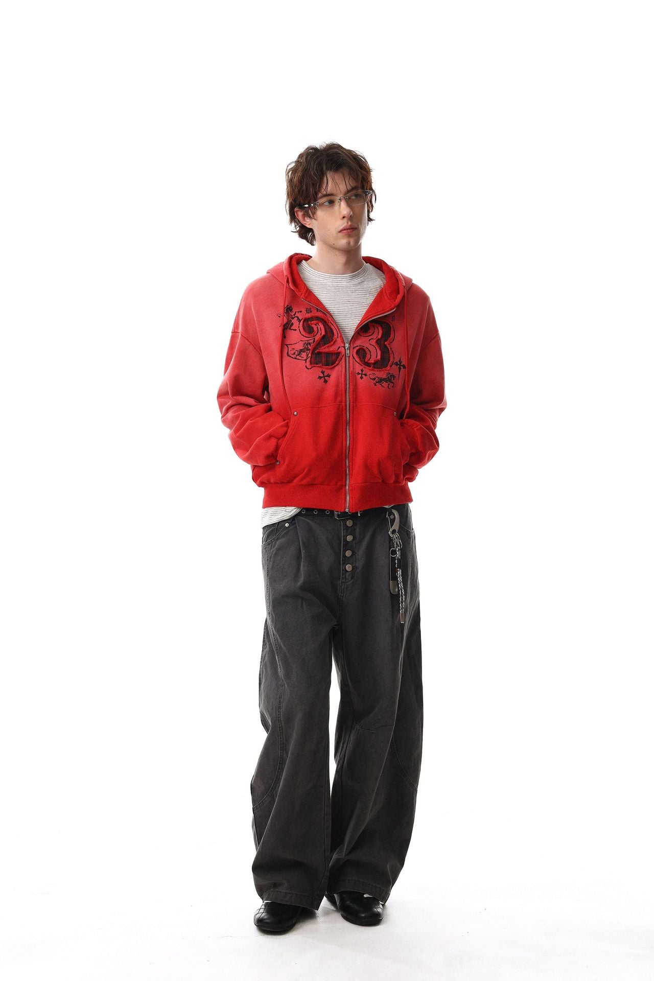 Zip-Hoodie Number 23 mit Karomuster-Applikqué und Stickerei – Gewaschener Streetwear-Look