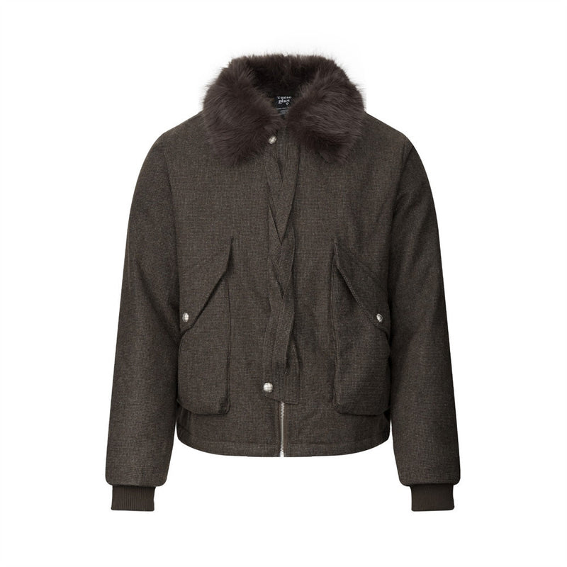 Men's Fur Collar Bomber Jacket – Houndstooth Wool-Blend with Cargo Pockets