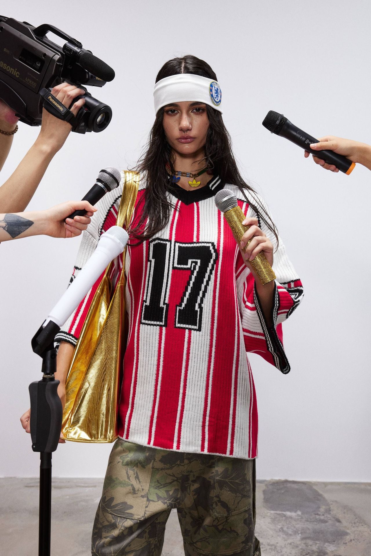 Red and White Striped V-Neck Sweater – Number 17 Oversized Knit Sports Jersey