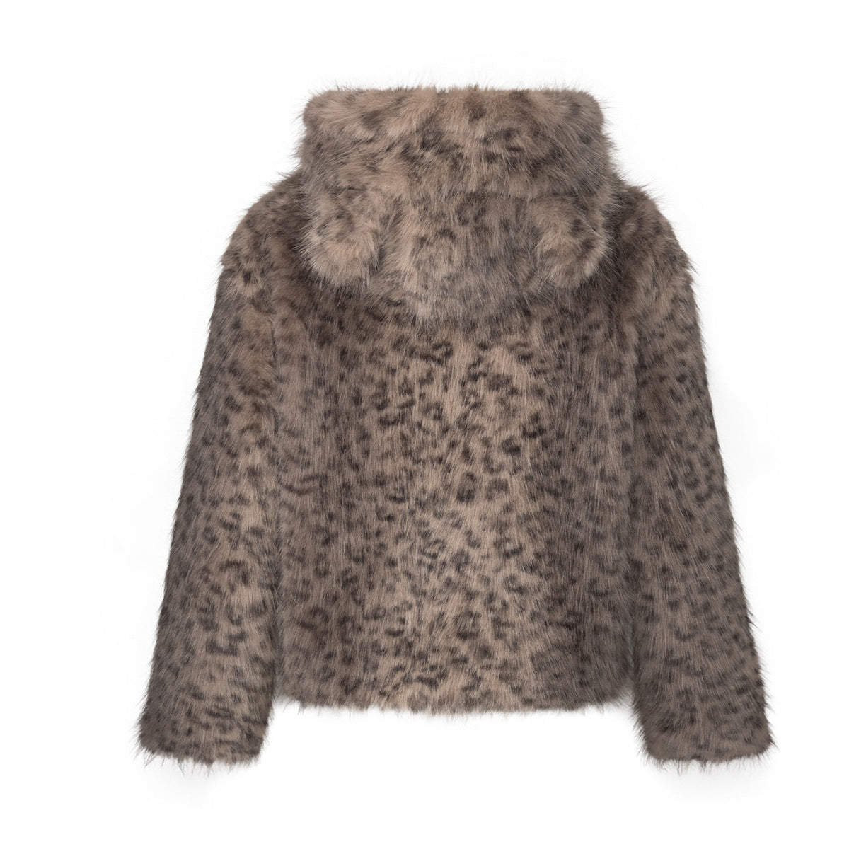 Leopard Print Faux Fur Hooded Jacket – Zip-Up Winter Coat