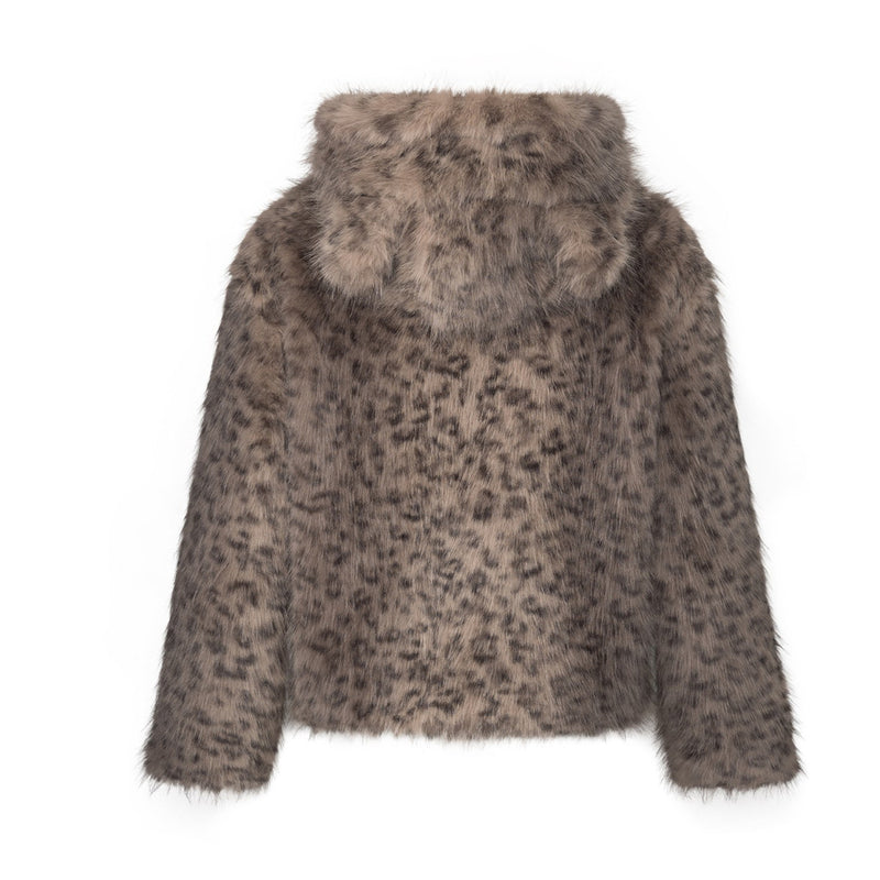 Leopard Print Faux Fur Hooded Jacket – Zip-Up Winter Coat