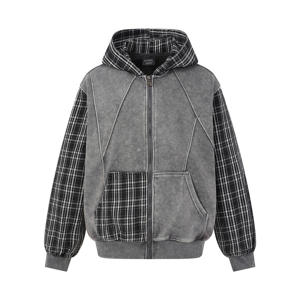 Veste-sweat zippée oversize à capuche, patchwork délavé, manches et capuche en flanelle à carreaux, vue de face