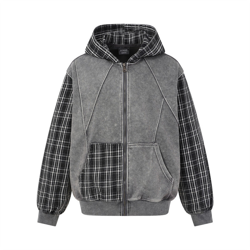 Veste-sweat zippée oversize à capuche, patchwork délavé, manches et capuche en flanelle à carreaux, vue de face