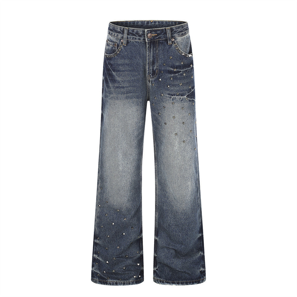 Men's Vintage Wash Wide-Leg Jeans with Metal Pyramid Studs – Retro Blue