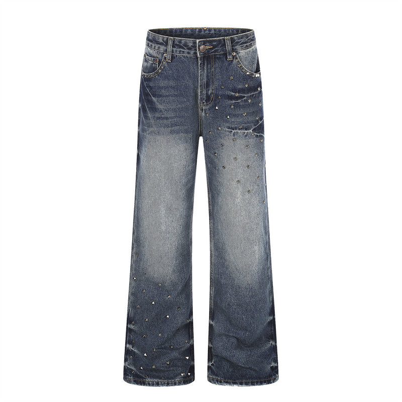 Men's Vintage Wash Wide-Leg Jeans with Metal Pyramid Studs – Retro Blue