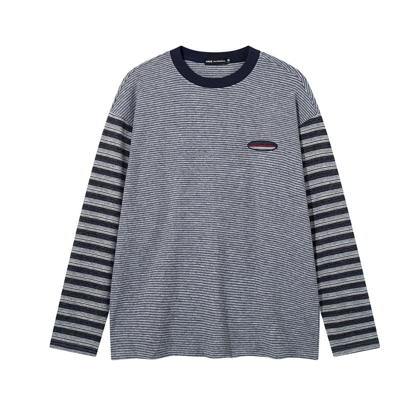 Oversized long sleeve striped colorblock T-shirt with contrast horizontal-stripe sleeves and ribbed crew neck in grey-navy co