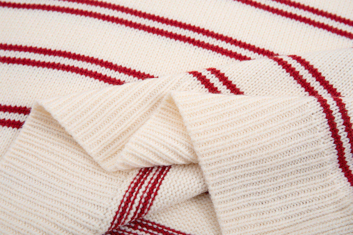 Striped Polo Knit Sweater with Cartoon Embroidery – Relaxed Unisex Pullover