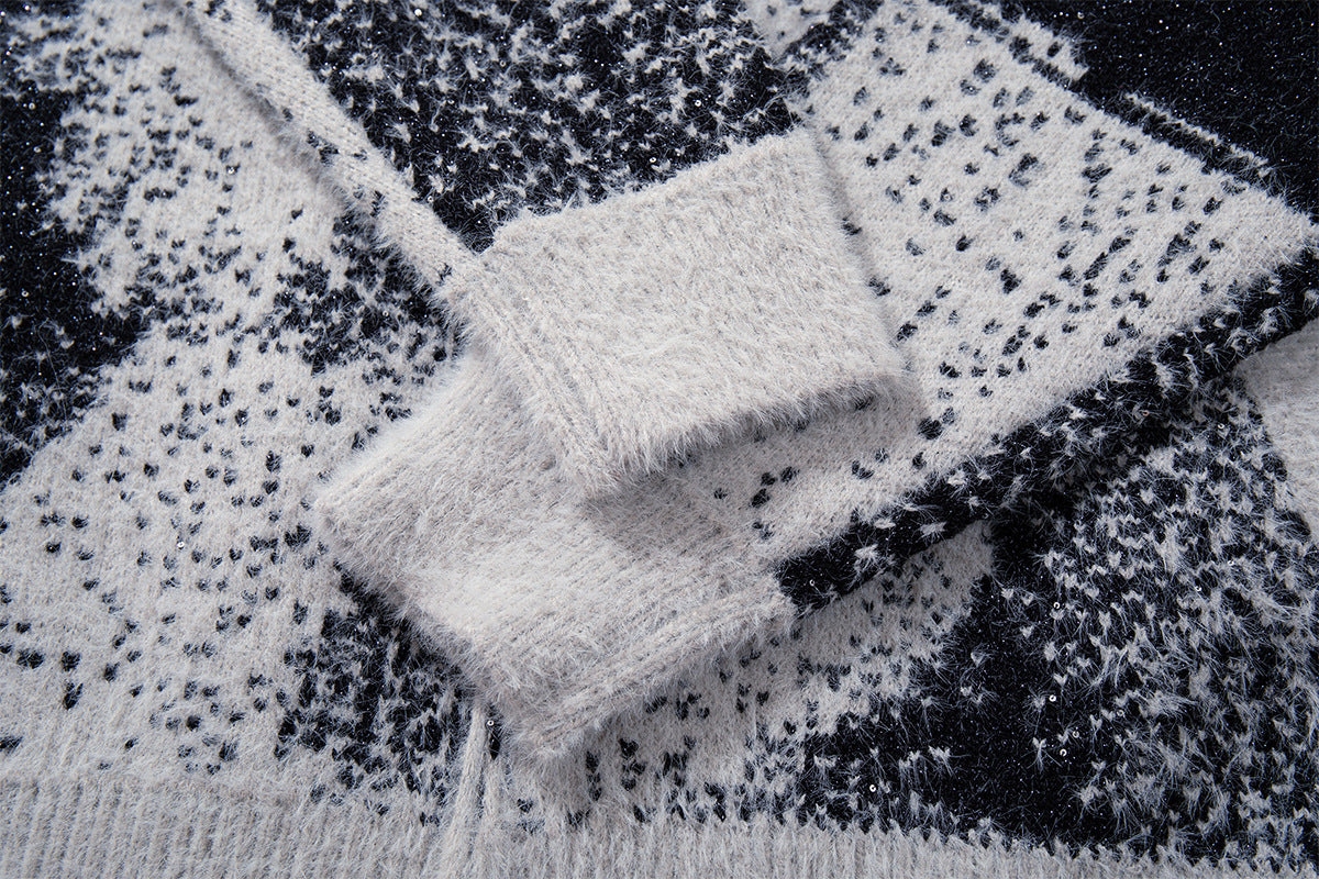 Cat Jacquard Knit Zip-Up Cardigan Sweater – Oversized Pixelated Graphic