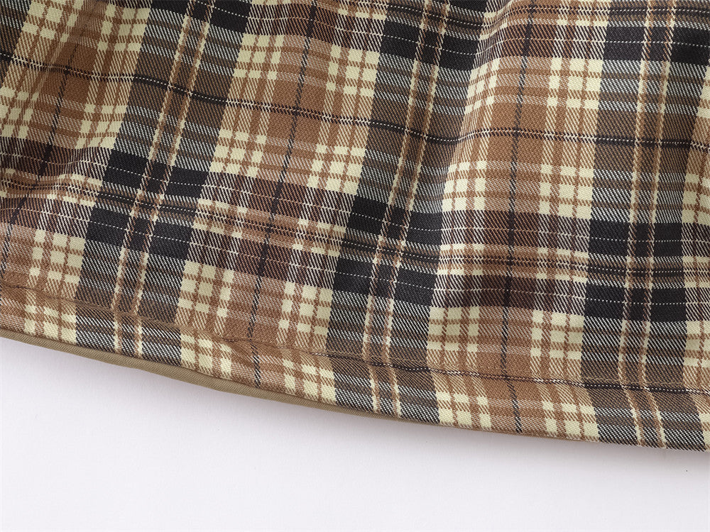 Reversible Stand-Collar Padded Jacket – Solid Khaki & Plaid Two-Way Wear