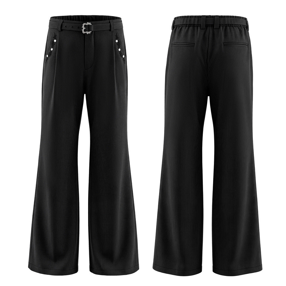 Pantalon ample rayé pour homme avec broderies florales et ceinture