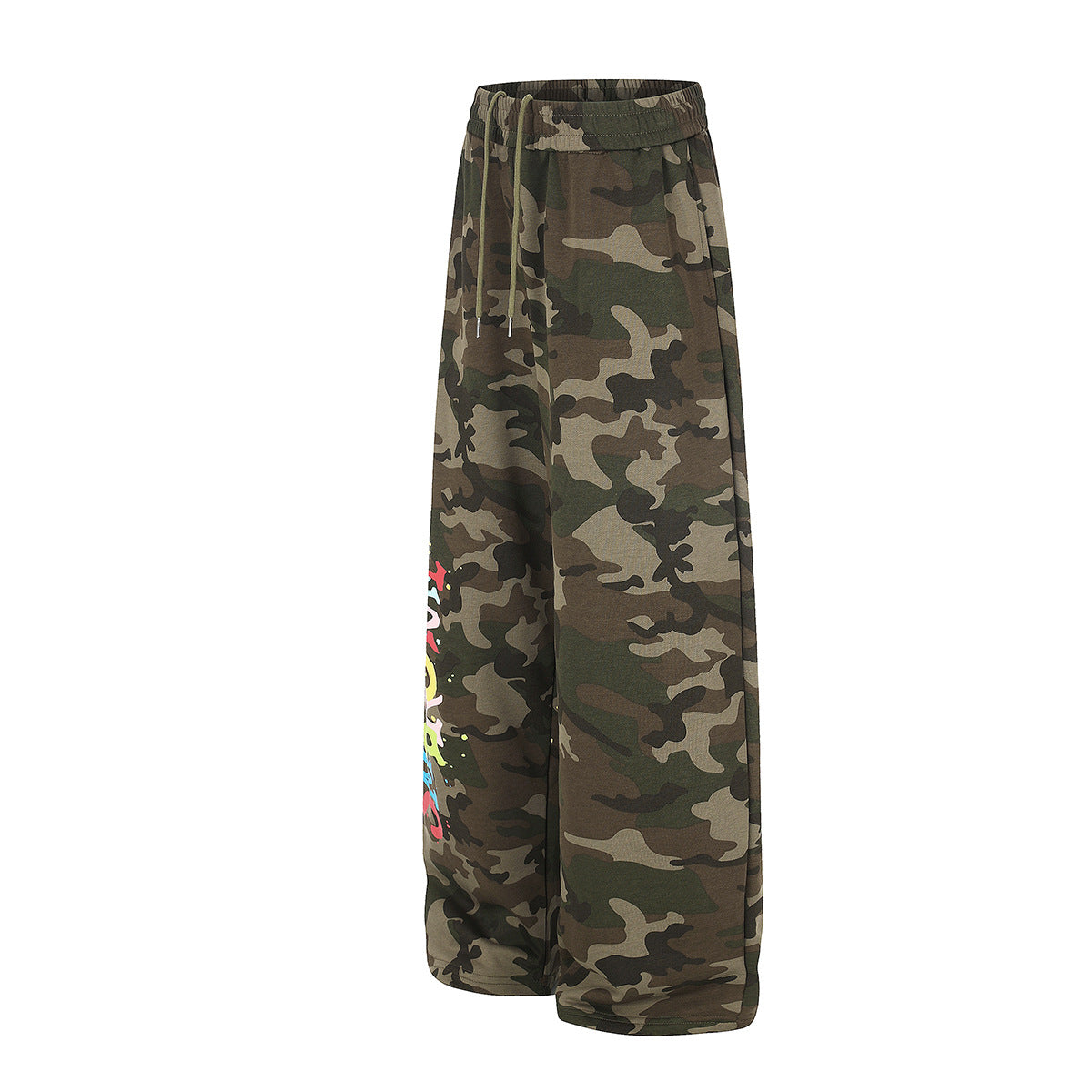 Camo-Wide-Leg-Jogginghose mit Graffiti-Schriftprint und Farbspritzern