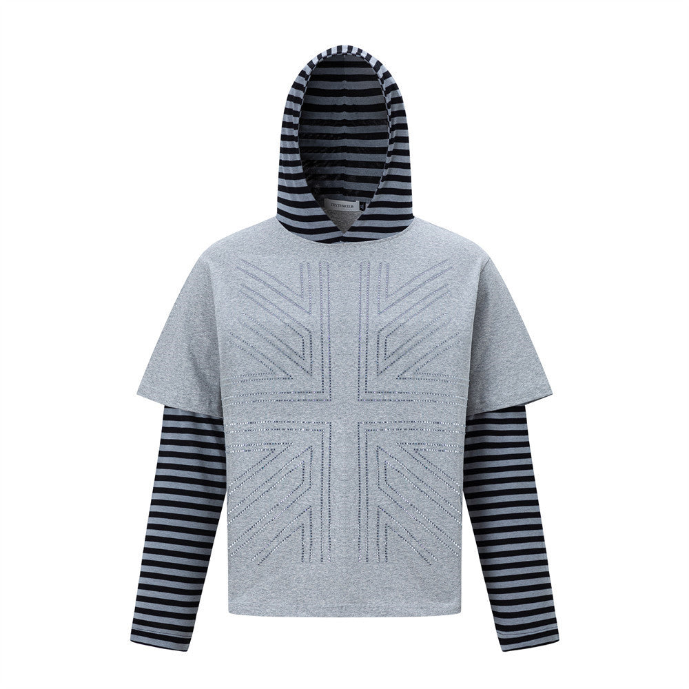 Long Sleeve Hoodie T-Shirt – Faux Layered Union Jack Rhinestone Stripe Design