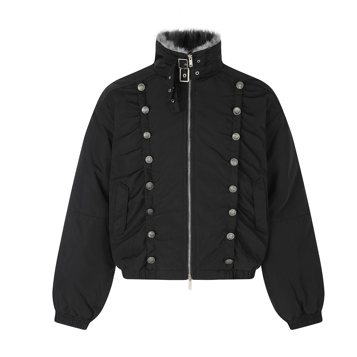 Military Napoleon Button Padded Jacket with Faux Fur Collar