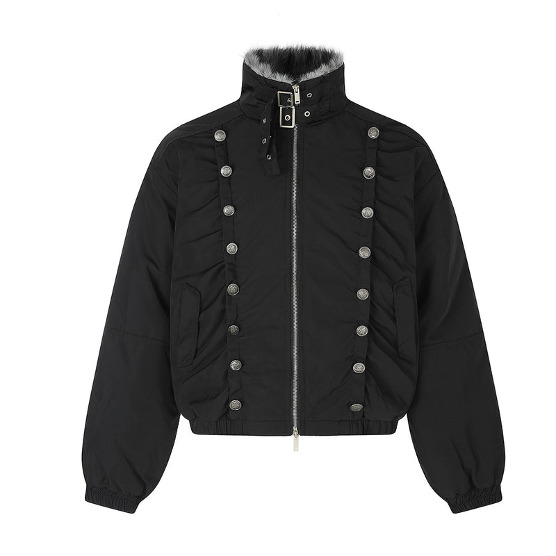 Military Napoleon Button Padded Jacket with Faux Fur Collar