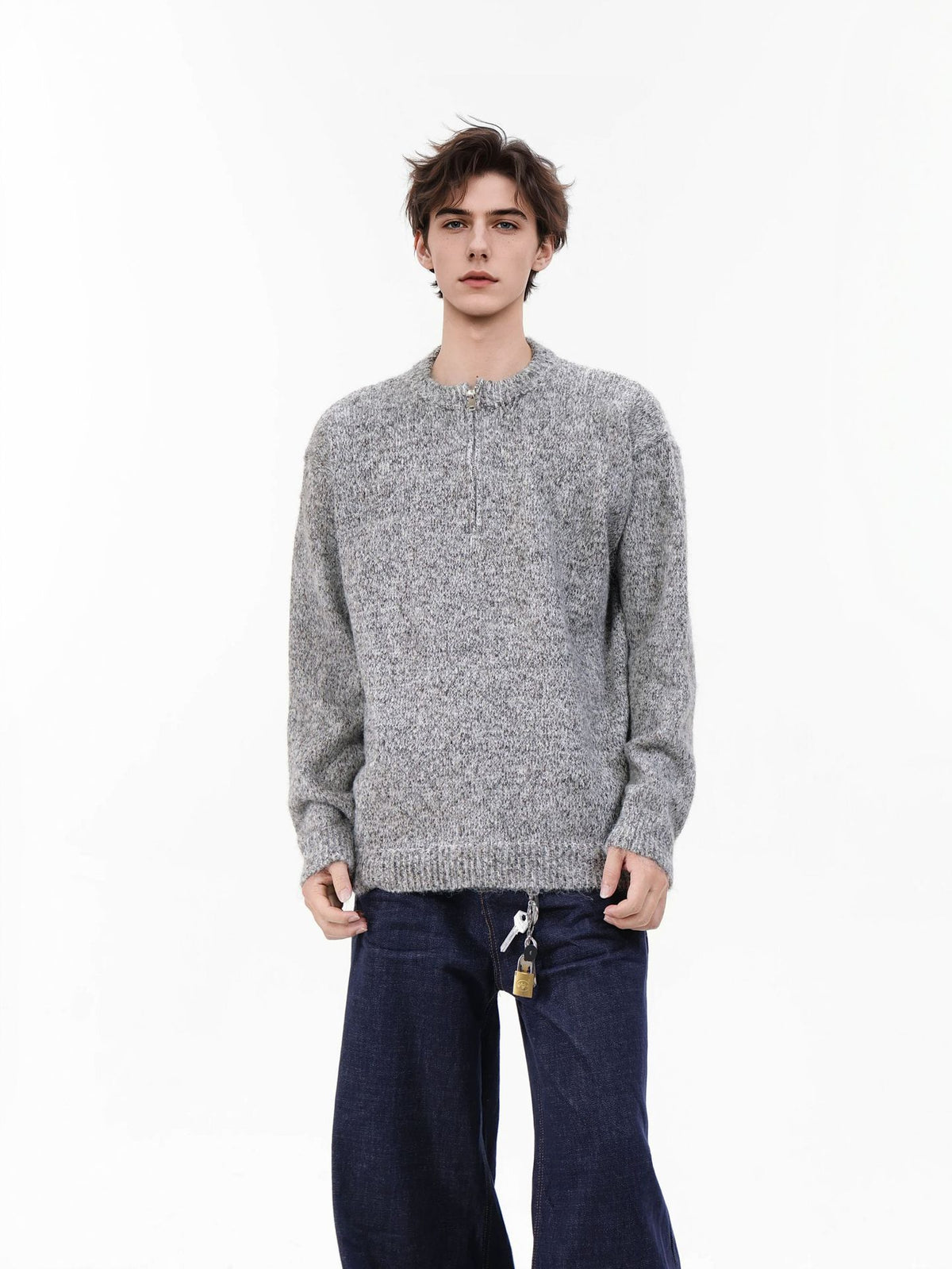 Quarter-Zip Knit Sweater – Marled Relaxed-Fit Crewneck