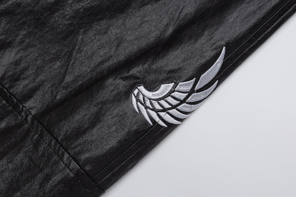 Blouson bomber en similicuir PU brodé – Style vintage racing et flight américain