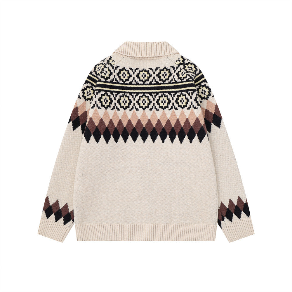 Men's Ethnic Jacquard Zip-Up Knit Cardigan Sweater – Argyle & Floral Pattern