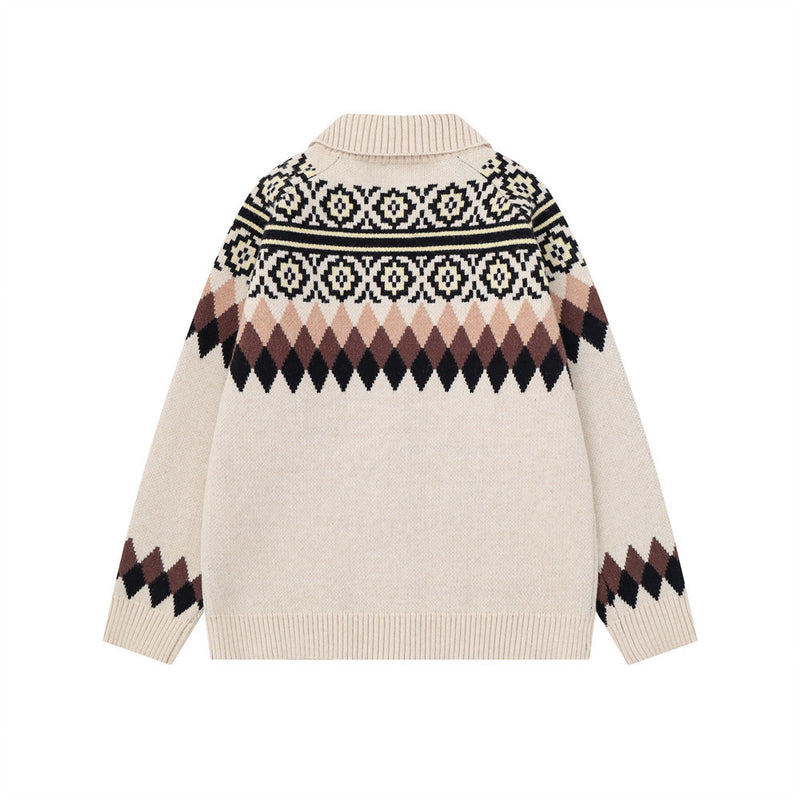 Men's Ethnic Jacquard Zip-Up Knit Cardigan Sweater – Argyle & Floral Pattern