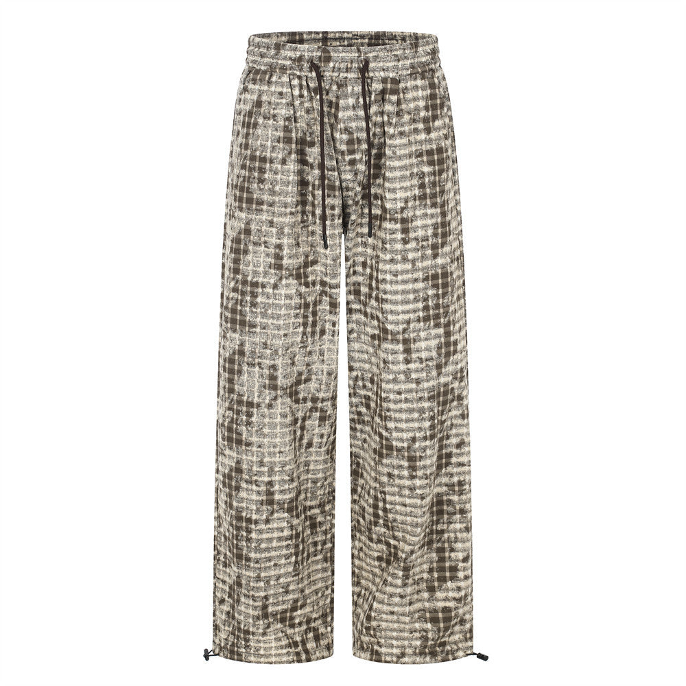 Brown Plaid Wide-Leg Pants – Distressed Tie-Dye Vintage Loose Straight Trousers