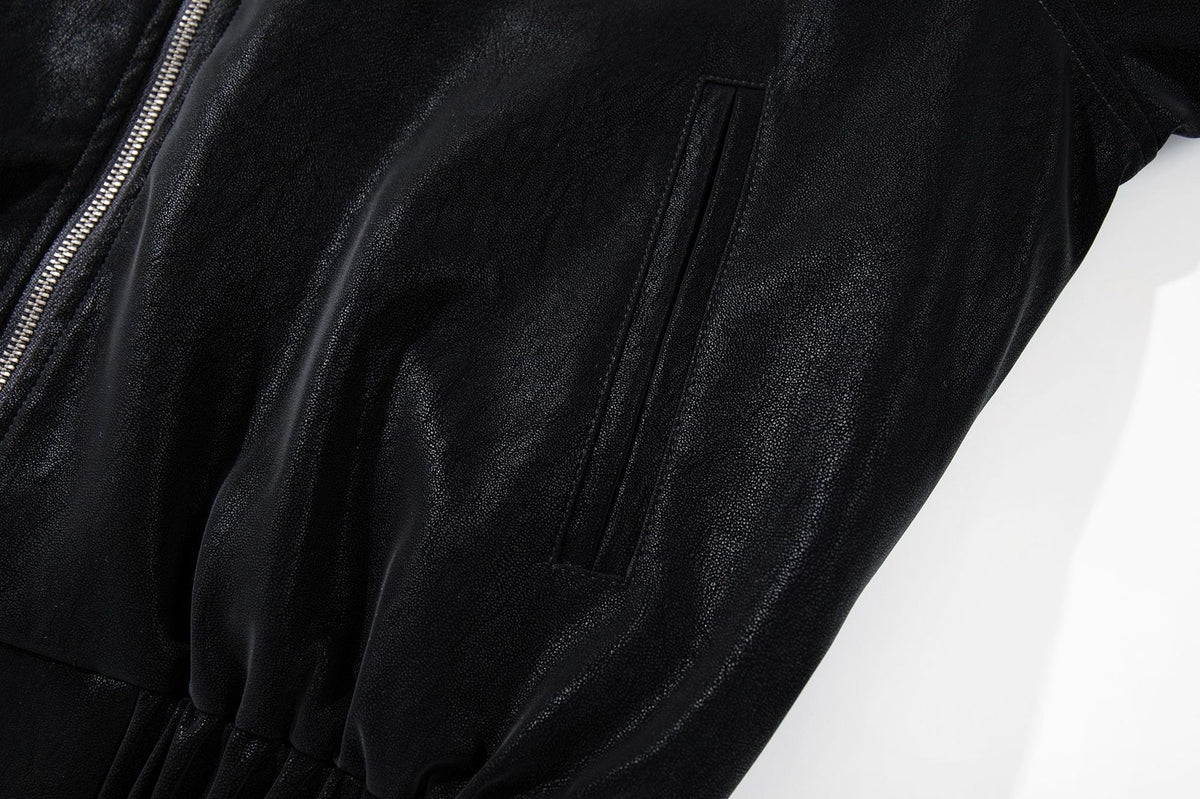 Oversized Black Leather Jacket Faux PU Bomber with High Collar