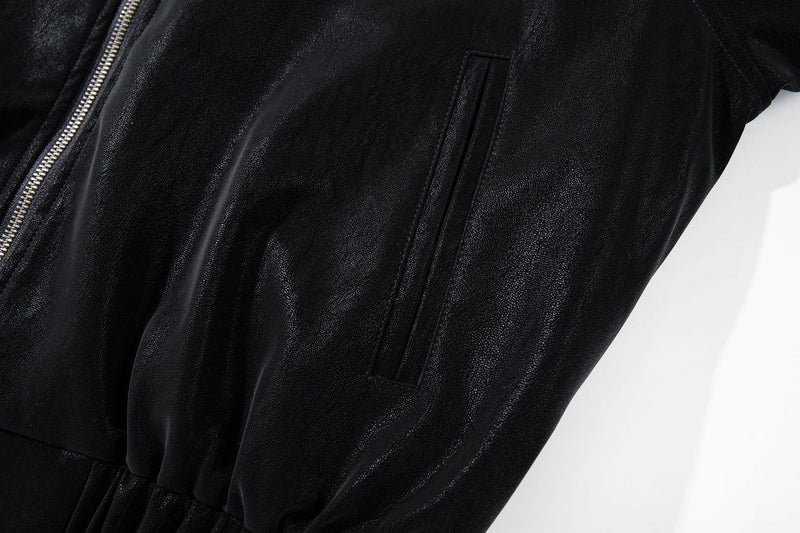 Oversized Black Leather Jacket Faux PU Bomber with High Collar